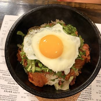 Stone Bowl House - Stone bowl bibimbap with pork and sautee kimchi - Korean Near Me - Atlanta, Georgia Stone Bowl House - Stone bowl bibimbap with pork and sautee kimchi - Korean Near Me - Atlanta, Georgia