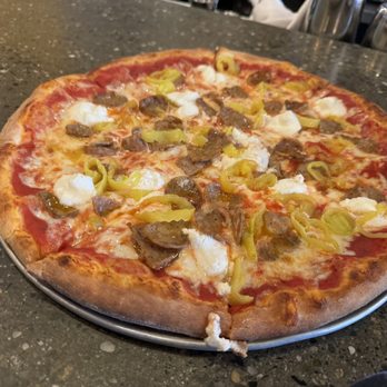 Positive Pie - PI Con Saliccia- with a Sweet Red Sauce, Spicy Italian Sausage, Creamy Ricotta and Mozzarella Cheese. - Pizza Near Me - Hardwick, Vermont