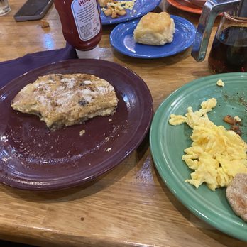 J Christopher's - Blueberry crunch pancakes, sort eggs, potatoes and turkey sausage - Breakfast & Brunch Near Me - Kennesaw, Georgia