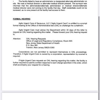 Agile Urgent Care - Official State of NJ Dept. of Health document to suspend operation. - Urgent Care Near Me - Secaucus, New Jersey