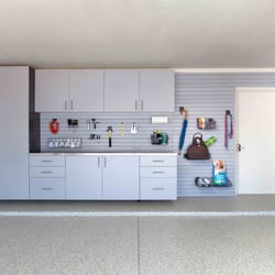 All About Closets - Slate & Silver Garage Cabinets With Epoxy Floor