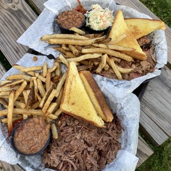 Bad Bones BBQ - Brisket and pork dinners with coleslaw, fries, and baked beans - Barbeque Near Me - Arbor Vitae, Wisconsin