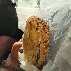 Oswego Bagelry & Sandwich Shop - Salt everything bagel with bacon horseradish cream cheese
