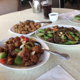 Sweet and sour pork, salt and pepper tofu, beef with Chinese broccoli