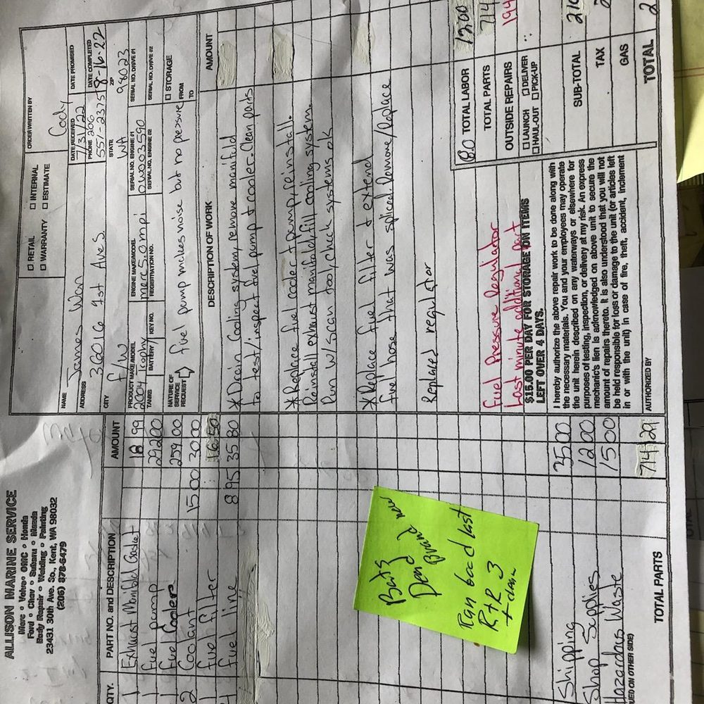 Allison Marine Service - their receipt. - Boat Repair Near Me - Kent, Washington Allison Marine Service - their receipt. - Boat Repair Near Me - Kent, Washington