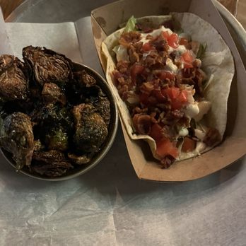 The Wrigley Taproom & Eatery - Smoked salmon BLT taco and Brussel Sprouts - New American Near Me - Corbin, Kentucky