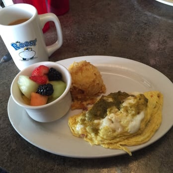 The Roost - 2 egg Goose Omelette with fruit and substituted corn cake instead of toast (for no extra charge) and of course, fresh coffee! - Breakfast & Brunch Near Me - Fishers, Indiana The Roost - 2 egg Goose Omelette with fruit and substituted corn cake instead of toast (for no extra charge) and of course, fresh coffee! - Breakfast & Brunch Near Me - Fishers, Indiana