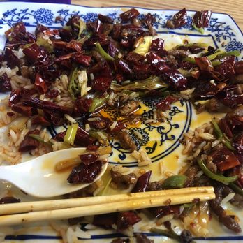 Evo Cafe - Way too many peppers in one dish and it doesn't even account for the ones I ate. Everything on this plate is a hot pepper. - Chinese Near Me - Champaign, Illinois