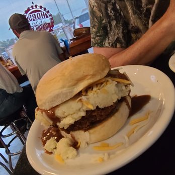 Hops and Barley - Yes. That is mashed potatoes and gravey on a deep fried cheese burger - Bars Near Me - Union City, Tennessee Hops and Barley - Yes. That is mashed potatoes and gravey on a deep fried cheese burger - Bars Near Me - Union City, Tennessee