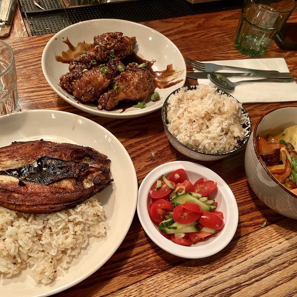Daing na bangus, Ginataang vegetables, Tamarind chicken wings, Garlic fried rice Daing na bangus, Ginataang vegetables, Tamarind chicken wings, Garlic fried rice
