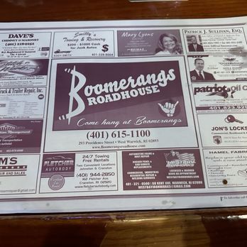Boomerangs Roadhouse - Placemat - New American Near Me - West Warwick, Rhode Island
