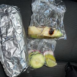 Los Jefes - Reg Asada Burrito, grilled onions & jalapeño, cucumber, radish & lemon, $10!