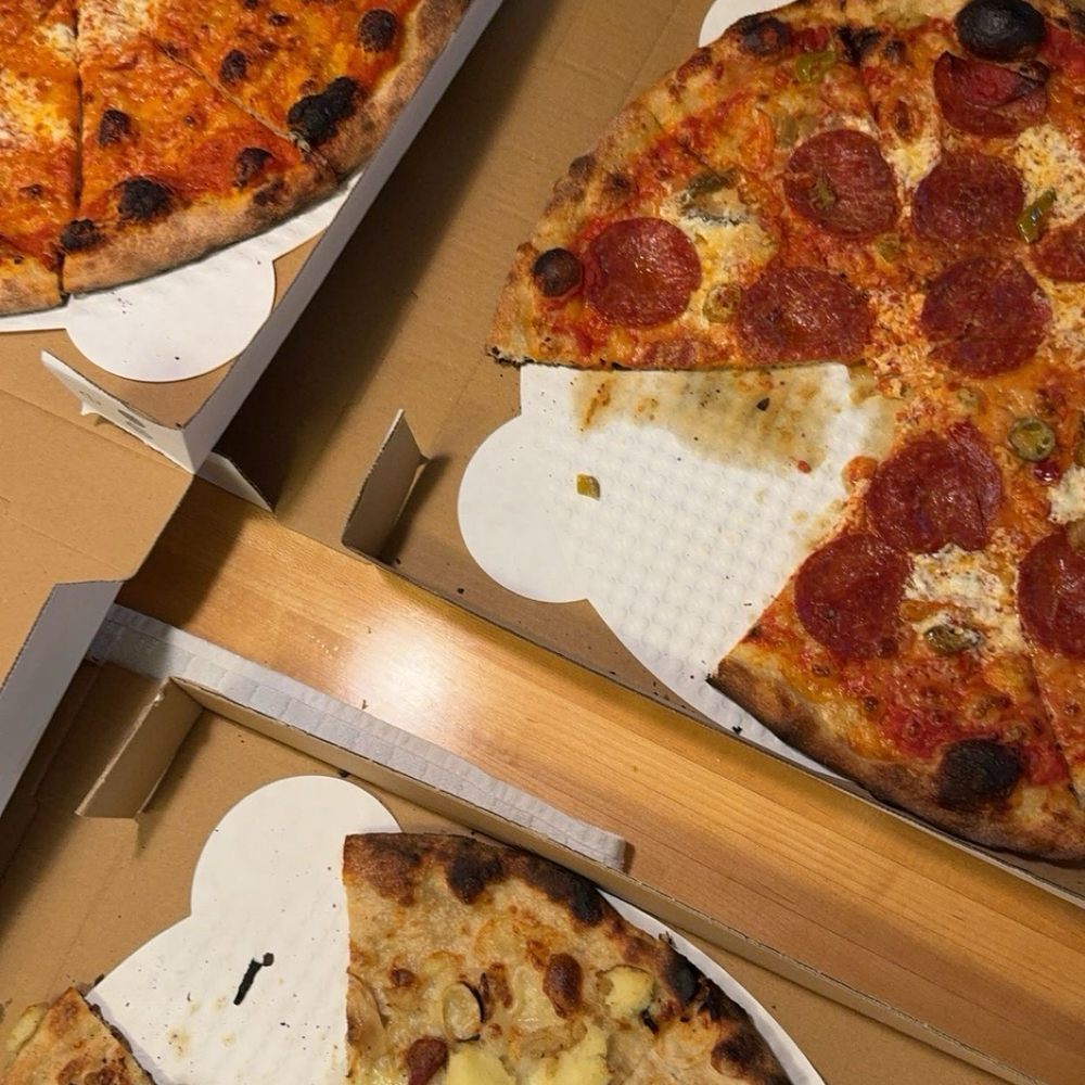 Mashed potato pizza, vodka pizza, and pepperoni pizza with hot Giardiniera Mashed potato pizza, vodka pizza, and pepperoni pizza with hot Giardiniera