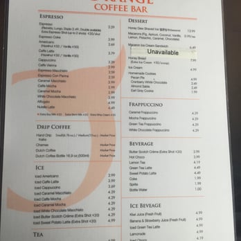 Orange Coffee Bar - Menu as of 3/25/2015. Macaron Ice Cream Sandwich is still unavailable. - Coffee & Tea Near Me - Duluth, Georgia Orange Coffee Bar - Menu as of 3/25/2015. Macaron Ice Cream Sandwich is still unavailable. - Coffee & Tea Near Me - Duluth, Georgia
