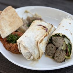 Kufta Kebab Wrap with Babaghanouge & Roasted Red Pepper Almond