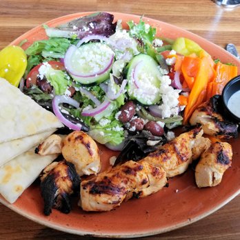 Luna Grill Oxnard - Chicken Kabob w/ Greek Salad, pita bread and tzatziki - Mediterranean Near Me - Oxnard, California Luna Grill Oxnard - Chicken Kabob w/ Greek Salad, pita bread and tzatziki - Mediterranean Near Me - Oxnard, California