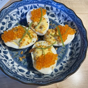 Goodtime Bar - Deviled eggs created with crab fat mayo, smoked trout roe, and sprinkled with crunchy spring onion flakes. - Wine Bars Near Me - San Jose, California Goodtime Bar - Deviled eggs created with crab fat mayo, smoked trout roe, and sprinkled with crunchy spring onion flakes. - Wine Bars Near Me - San Jose, California