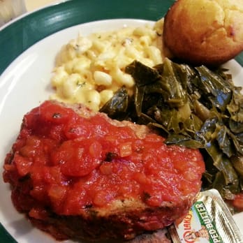 OK Cafe - Meatloaf topped with creole sauce, collard greens, and mac and cheese - Diners Near Me - Atlanta, Georgia OK Cafe - Meatloaf topped with creole sauce, collard greens, and mac and cheese - Diners Near Me - Atlanta, Georgia