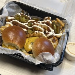 Cheeseburger sliders & loaded waffle fries. Food is good. Be better with more than 1 ranch and if curbside orders were actually curbside.