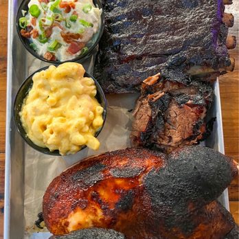 Sauced BBQ & Spirits - 3 Meat Combo with Ribs, Brisket, Half Chicken - Barbeque Near Me - Irvine, California Sauced BBQ & Spirits - 3 Meat Combo with Ribs, Brisket, Half Chicken - Barbeque Near Me - Irvine, California