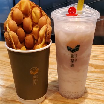 Pure Tea - Black & White Sesame Egg Puff Waffle & Taro Fresh Milk w/ Sago - Bubble Tea Near Me - Chicago, Illinois Pure Tea - Black & White Sesame Egg Puff Waffle & Taro Fresh Milk w/ Sago - Bubble Tea Near Me - Chicago, Illinois