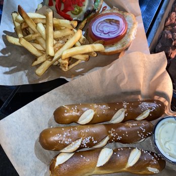 Hermann's Olde Town Grille - Black bean burger and pretzels - Pubs Near Me - Plymouth, Michigan
