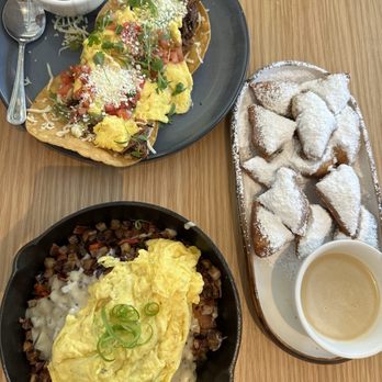 Dish Society - top: ranch style eggs right: beignets with coffee dip bottom: breakfast skillet - Southern Near Me - Austin, Texas Dish Society - top: ranch style eggs right: beignets with coffee dip bottom: breakfast skillet - Southern Near Me - Austin, Texas