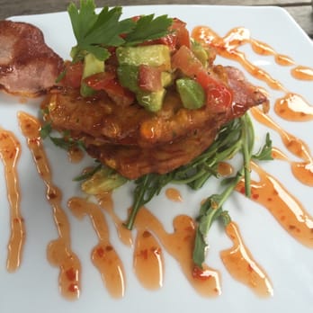 Lemon Tree Cafe - Corn Fritters with bacon, tomato, avocado, rocket, sour cream and sweet chilli sauce - Breakfast & Brunch Near Me - Newington, NSW