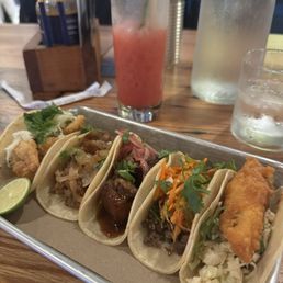Baja Fish Taco, Sesame ribeye taco, pork belly taco, roasted duck taco, crispy shrimp taco