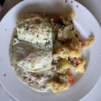 Zinc Cafe - Sausage Gravy Biscuits with mashed potatoes and two fried eggs!!! Holy shnikes they were insane. - New American Near Me - Medford, New Jersey Zinc Cafe - Sausage Gravy Biscuits with mashed potatoes and two fried eggs!!! Holy shnikes they were insane. - New American Near Me - Medford, New Jersey