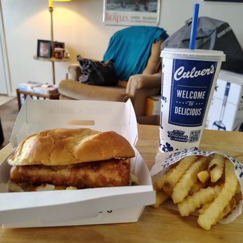 Culver's - North Atlantic Cod Sandwich, Medium French Fries, Medium Diet Root Beer - Burgers Near Me - Richmond, Indiana