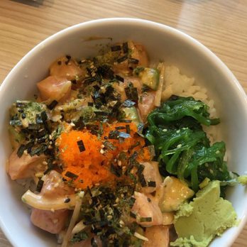Poki Maki by Mr.7 - Small poke bowl. 2 salmon, onions, avocado, wasabi, masago, seaweed salad, furikake, & 3 sauces. Only $9.99! - Japanese Near Me - Walnut, California