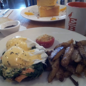 Early Bird - Frank Floyd Benedict and Coffee (Brioche French Toast peeking in the background). - New American Near Me - Fullerton, California