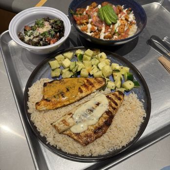 California Fish Grill - WASABI SALMON BOWL and CAJUN SWAI PLATE W/WHITE RICE & ZUCCHINI - Seafood Near Me - Fairfax, Virginia