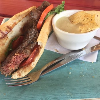 Cafe Strudel - The steak sandwich cooked medium with creamy chicken soup! Amazing ! I would ask them to slice the steak next time however - New American Near Me - West Columbia, South Carolina