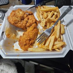 Rooster's Chicken & Waffles- New Britain - Buffalo chicken 5 peice tender combo: string Fries 5 Pieces Boneless Chicken