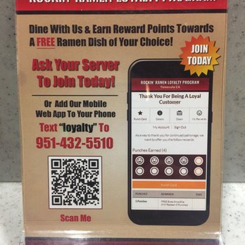 Rockin' Ramen - Every time you go in, you get one smile/stamps at 5, you get a free boba drink, at 10, you get $10 off a ramen bowl, pretty much free - Ramen Near Me - Temecula, California