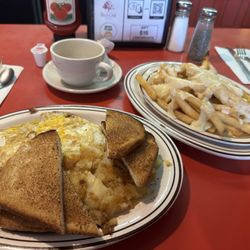 Red Oak Restaurant - Two Eggs and toast breakfast and Fries with melted cheddar!