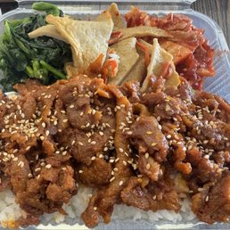 Spicy Pork Mini with Korean Broccoli, Fresh Kimchi, Fish Cake! Spicy Pork Mini with Korean Broccoli, Fresh Kimchi, Fish Cake!