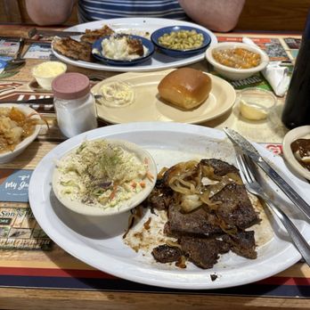 Bett's Big T - Background:pork chops, mashed potatoes & gravy, Lima beans & peach cobbler. Foreground: liver& onions, coleslaw. Fresh warm yeast rolls. - American Near Me - Chiefland, Florida Bett's Big T - Background:pork chops, mashed potatoes & gravy, Lima beans & peach cobbler. Foreground: liver& onions, coleslaw. Fresh warm yeast rolls. - American Near Me - Chiefland, Florida