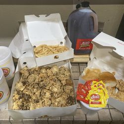 Bushs Chicken - Chicken strips, rolls, gravy, sweet tea, French fries, livers and gizzards