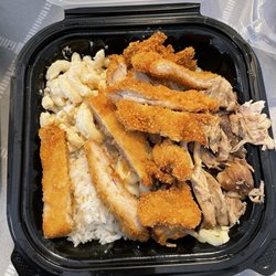 Aloha Express - Kalua pork/katsu chicken combo, with macaroni salad, rice, cabbage and carrots