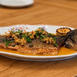 Supperland - Branzino / Peach Gazpacho / Stone Fruit Relish
