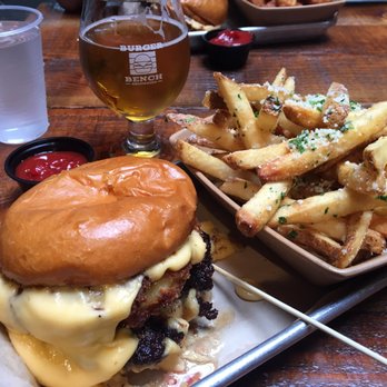 Burger Bench - Mac & cheese burger with truffle fries and a pizza port kook IPA the perfect Monday lunch - American Near Me - Escondido, California