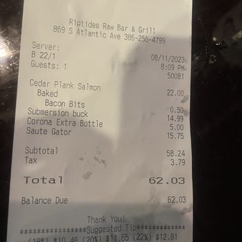 Riptides Raw Bar & Grill - Total bill . - Seafood Near Me - Ormond Beach, Florida Riptides Raw Bar & Grill - Total bill . - Seafood Near Me - Ormond Beach, Florida