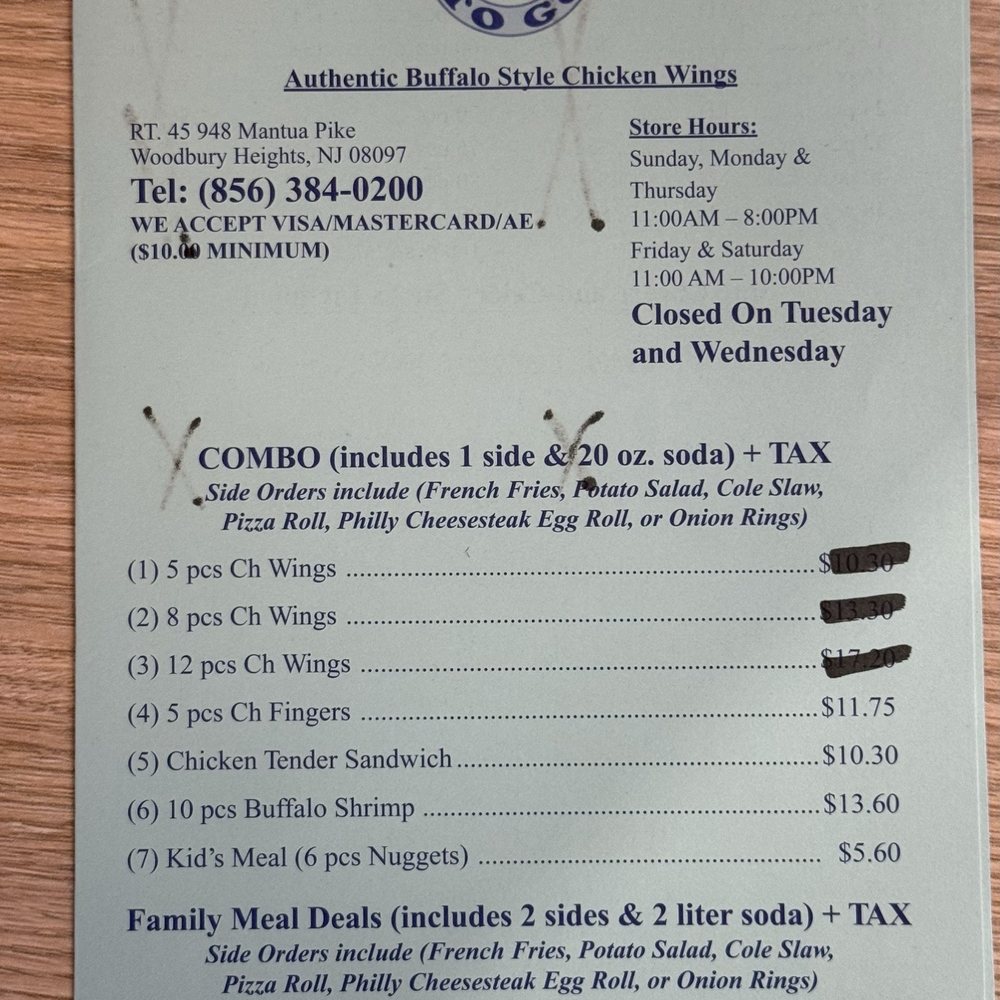 Wings To Go - Updated menu as of January 2026 (markings by the establishment) - Chicken Wings Near Me - Woodbury Heights, New Jersey Wings To Go - Updated menu as of January 2026 (markings by the establishment) - Chicken Wings Near Me - Woodbury Heights, New Jersey