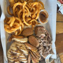 Three 3 Meats 1 Regular side Plate  Smoked Chicken Breast -1/2 lb. Sausage -1 lb. Pulled Pork -1 lb. French Fries