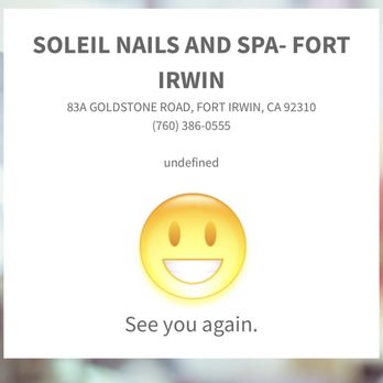 Soleil Nails & Spa - See you again! (Text survey response after submitting ) - Nail Salons Near Me - Fort Irwin, California Soleil Nails & Spa - See you again! (Text survey response after submitting ) - Nail Salons Near Me - Fort Irwin, California