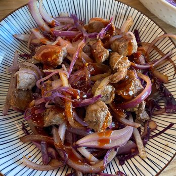 Mirin Fusion Kitchen - Build Your Own bowl with steak, special-requested stir fried cabbage (not normally cooked), grilled onions and Korean hit sauce. Yum. - Asian Fusion Near Me - Augusta, Georgia