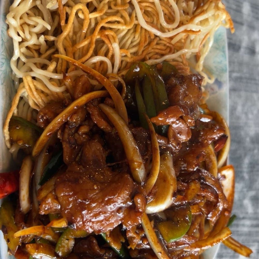 Spicy Mongolian Beef with extra crispy pan fried noodles Spicy Mongolian Beef with extra crispy pan fried noodles